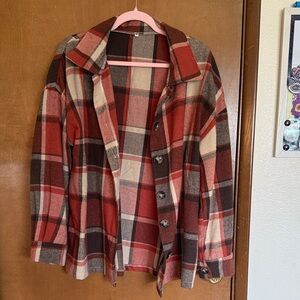 Plaid Button-Front Wool-Blend Jacket in Rust & Cream